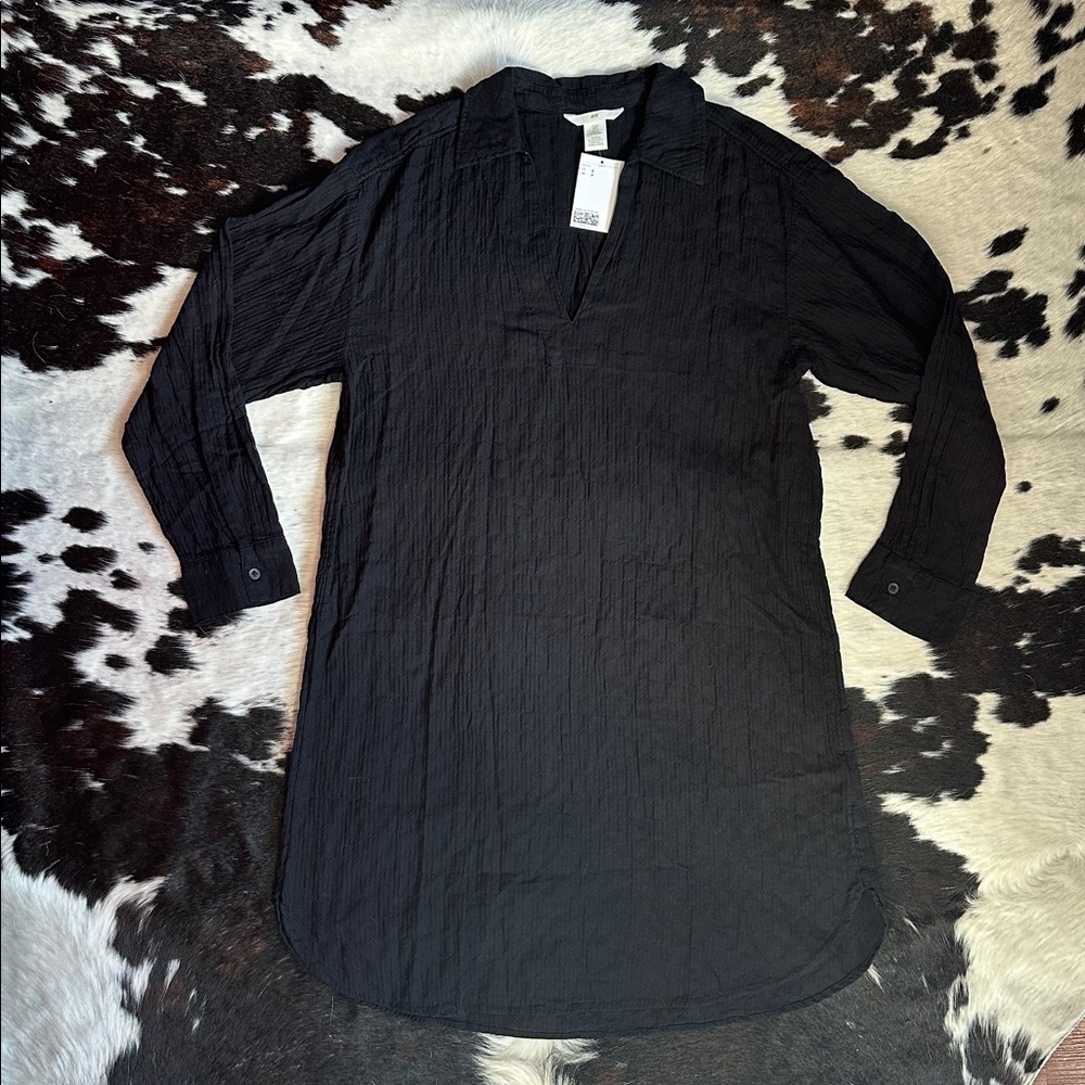 H&M Black Long Sleeve Collard V Neck Tunic Shirt Dress Size Small